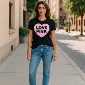 NWT PINK Victoria's Secret Black Tee with Pink Heart. Love PINK. Campus Tee